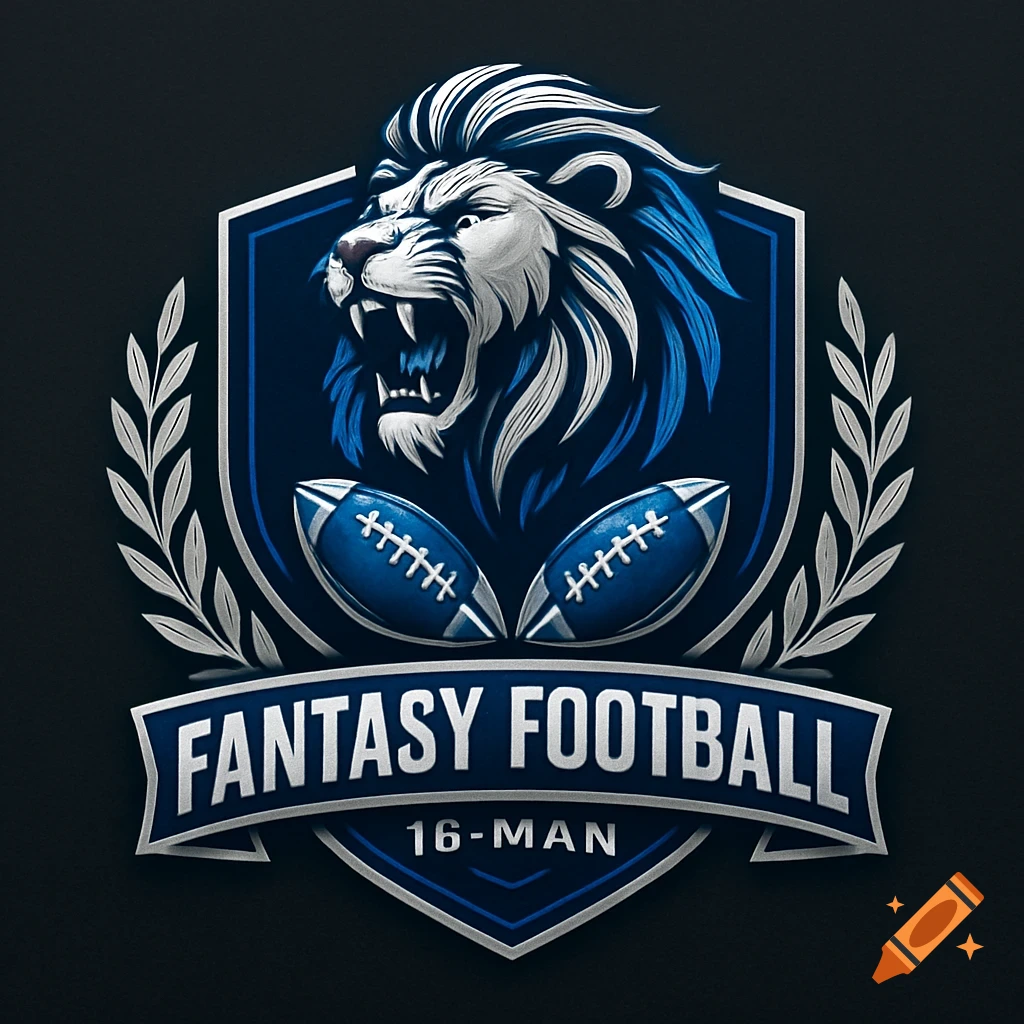 A stylized blue and silver logo featuring a roaring lion's head, two footballs, and the text "FANTASY FOOTBALL 16-MAN" on a shield.