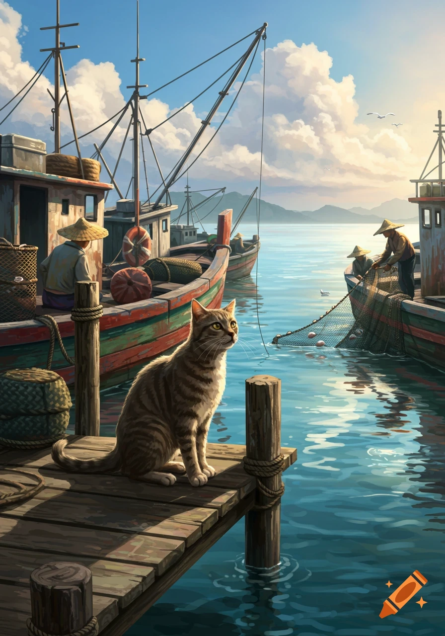 An illustrated tabby cat sits on a wooden dock, watching fishing boats with people at a harbor.