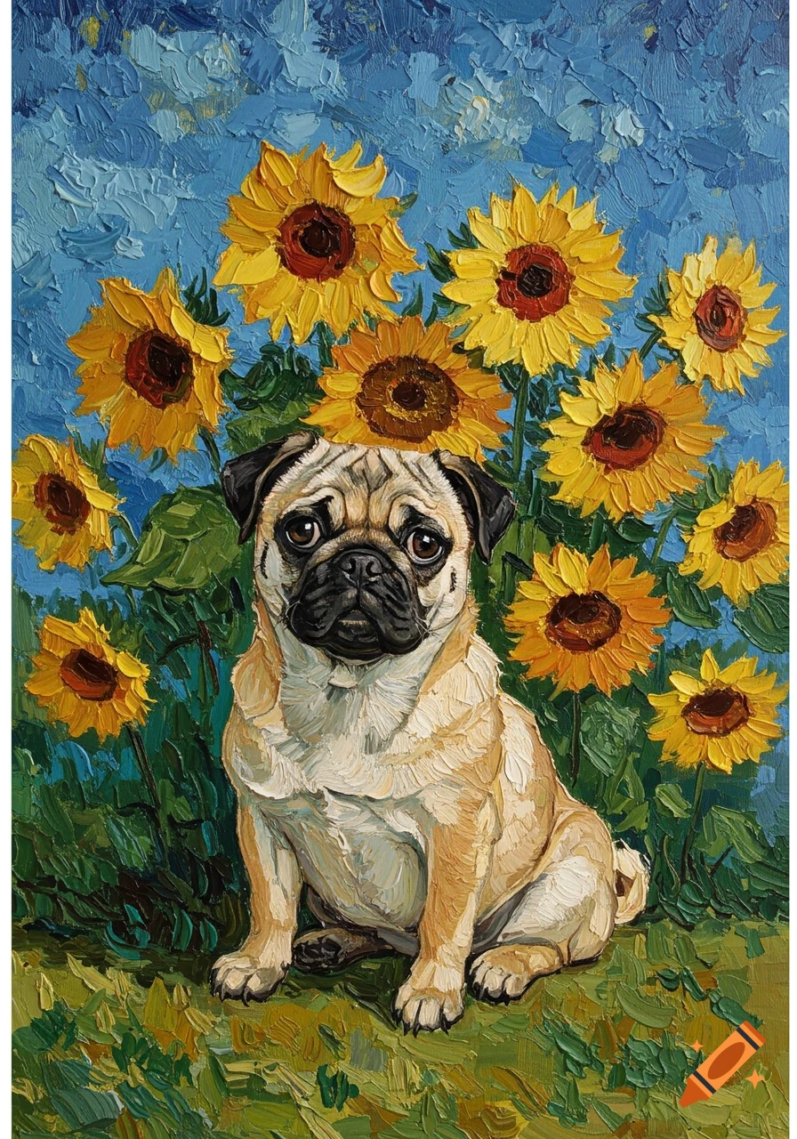A painting in the style of Van Gogh showing a pug puppy sitting among vibrant sunflowers under a blue sky.