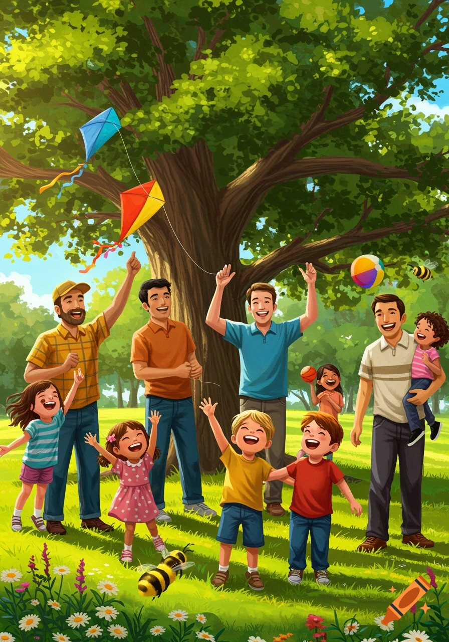 Multiple men and children joyfully play with kites and a ball in a vibrant, sunny park under a large tree, illustrated in a cheerful style.