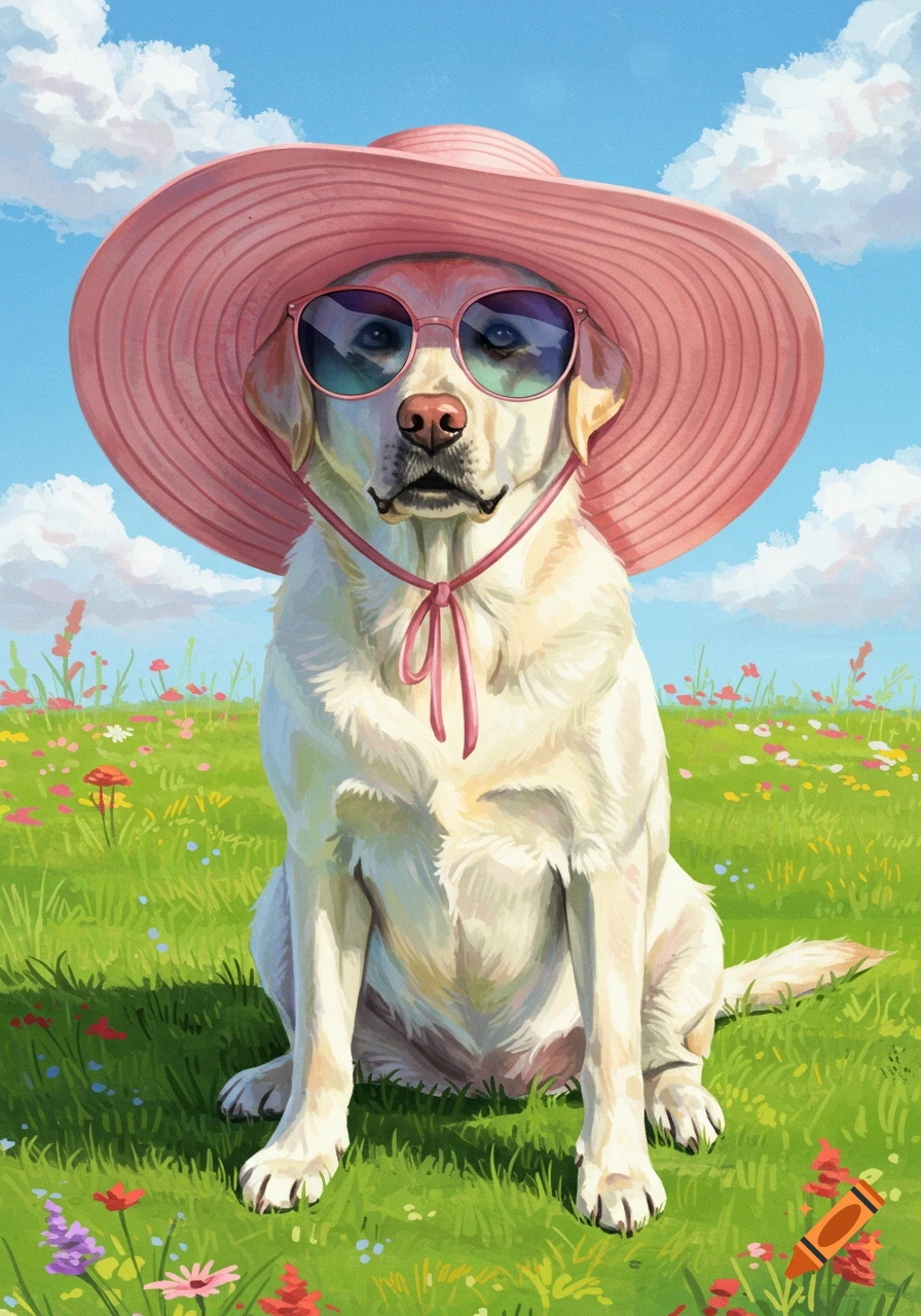 A white Labrador dog wearing a pink sun hat and blue sunglasses sits in a vibrant green field with colorful wildflowers under a blue sky, painted style.