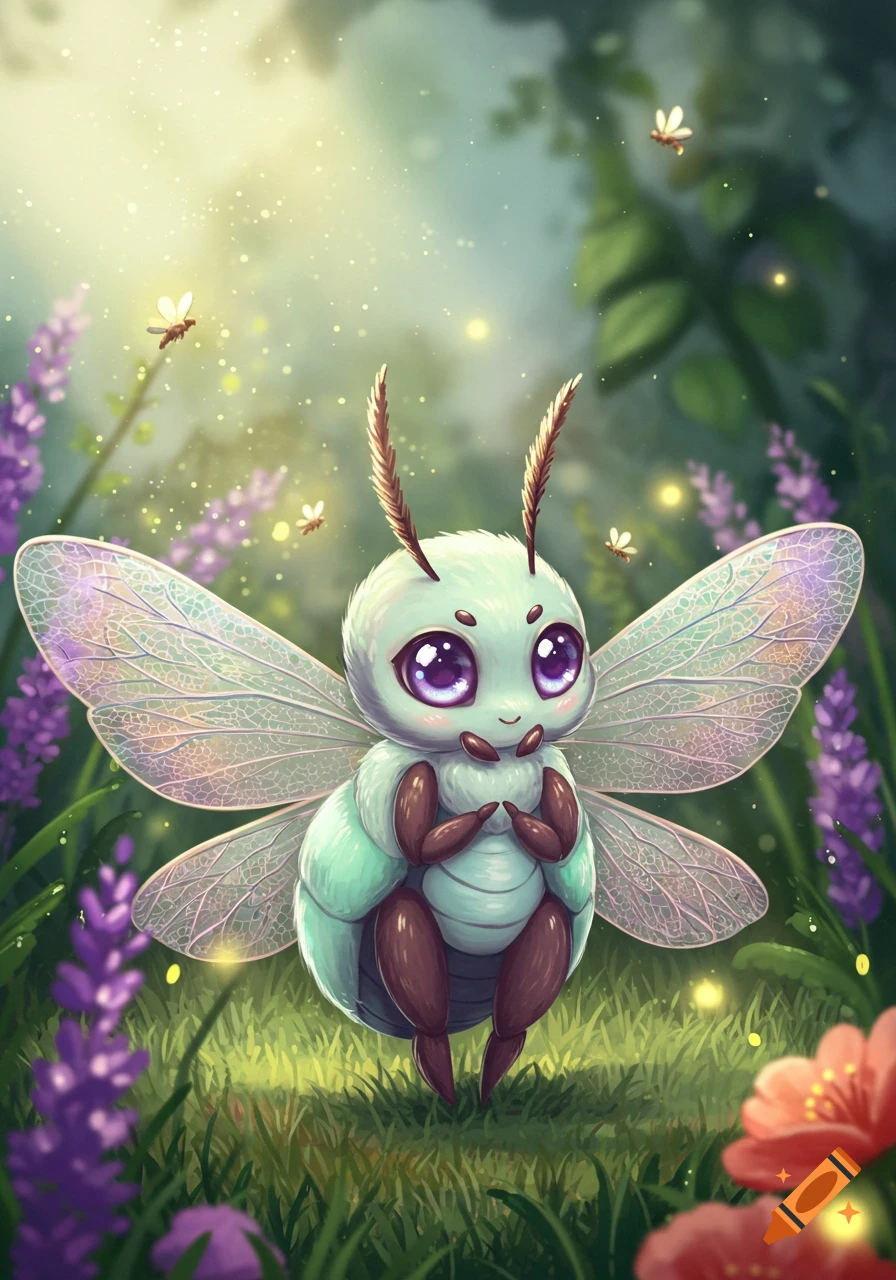 A cute, chibi light blue bug creature with large purple eyes and iridescent wings stands in a sunlit lavender field with fireflies.