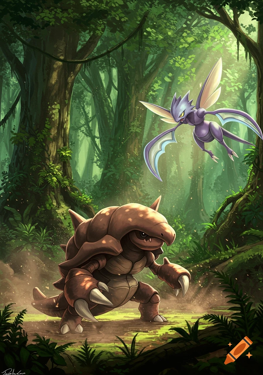 A brown armored Kabutops on the ground faces a purple Gligar with large wings flying in a lush green jungle.