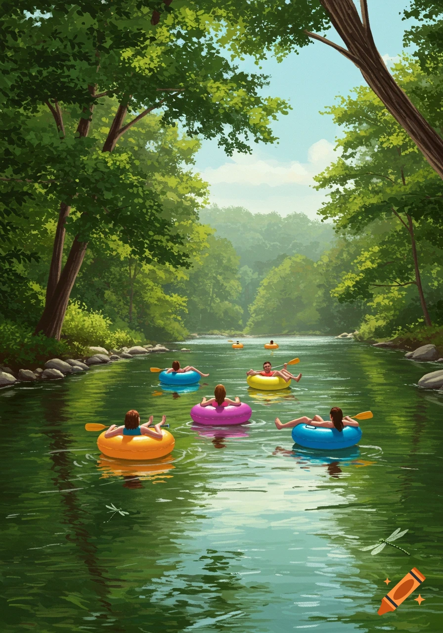 Painted illustration of people floating on colorful inner tubes down a winding river through a lush green forest.