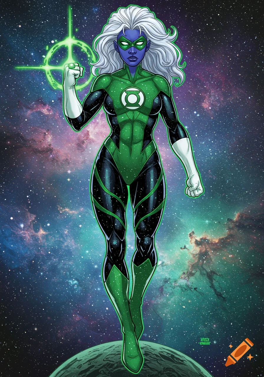 A comic book illustration of a female Green Lantern with indigo skin and white hair, in a green and black suit, standing over a planet in space.