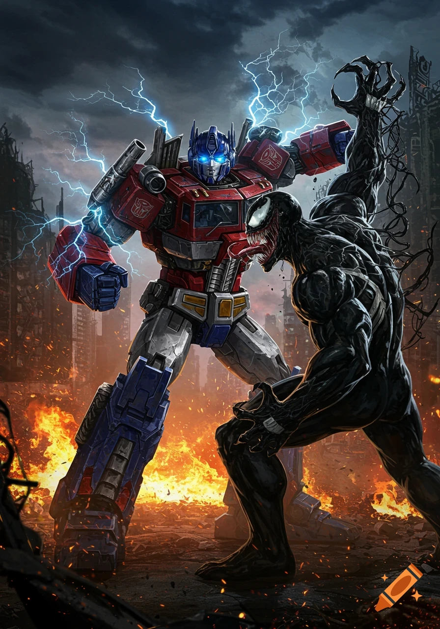 Optimus Prime, crackling with blue lightning, faces off against the monstrous black symbiote Venom amidst a fiery, ruined city landscape.
