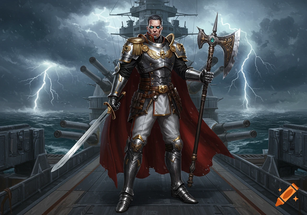 A man in ornate silver and gold armor, holding a sword and axe, stands on a battleship deck during a stormy lightning-filled night.