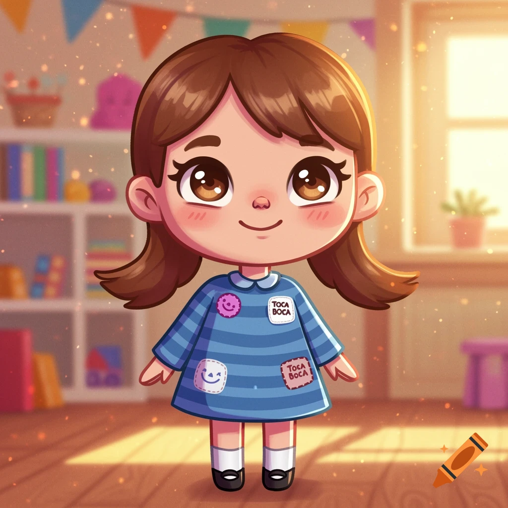 A cute cartoon girl character with brown hair wearing a blue striped dress with Toca Boca patches stands in a bright room.