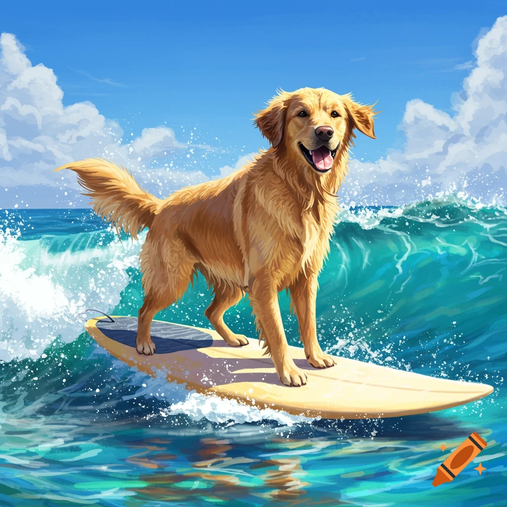 A golden retriever dog stands on a surfboard, riding a wave in the ocean under a clear blue sky.