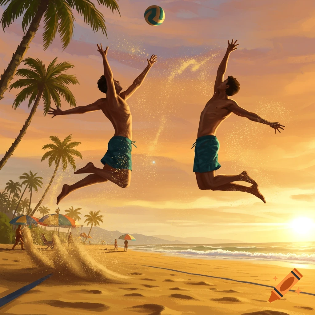 Two men playing beach volleyball, jumping in the air at sunset with palm trees and ocean.