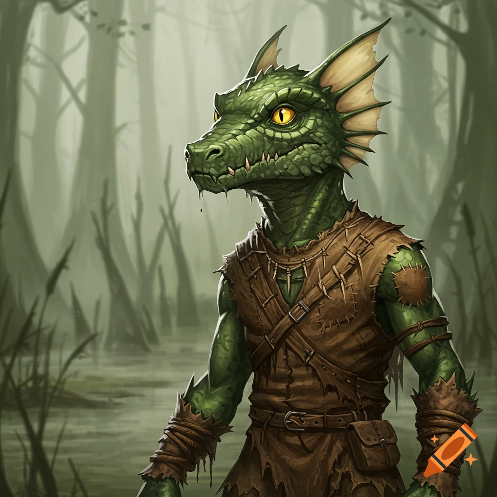 A green reptilian creature with yellow eyes and tattered brown clothing stands in a swamp.