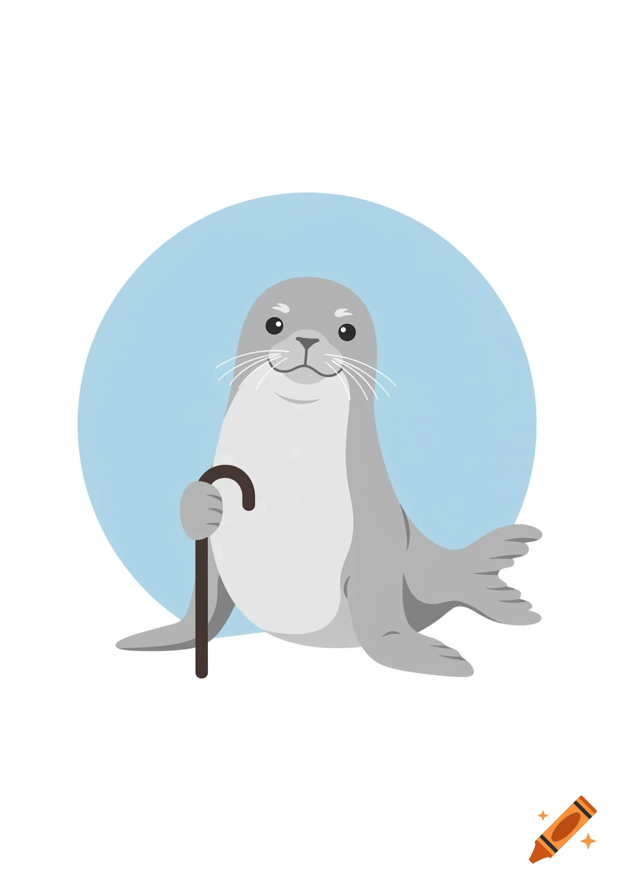 A cute cartoon gray seal with white whiskers sits upright, holding a brown walking stick with one flipper, against a light blue circle background.