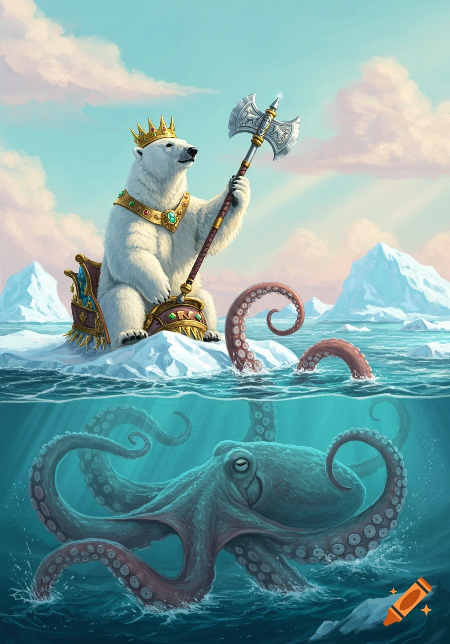 Illustrated fantasy scene of a crowned polar bear with an axe, riding an octopus through arctic waters with icebergs.