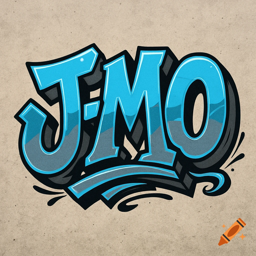 The letters J-MO in a blue and grey hip-hop graffiti style with black outlines on a textured beige background.