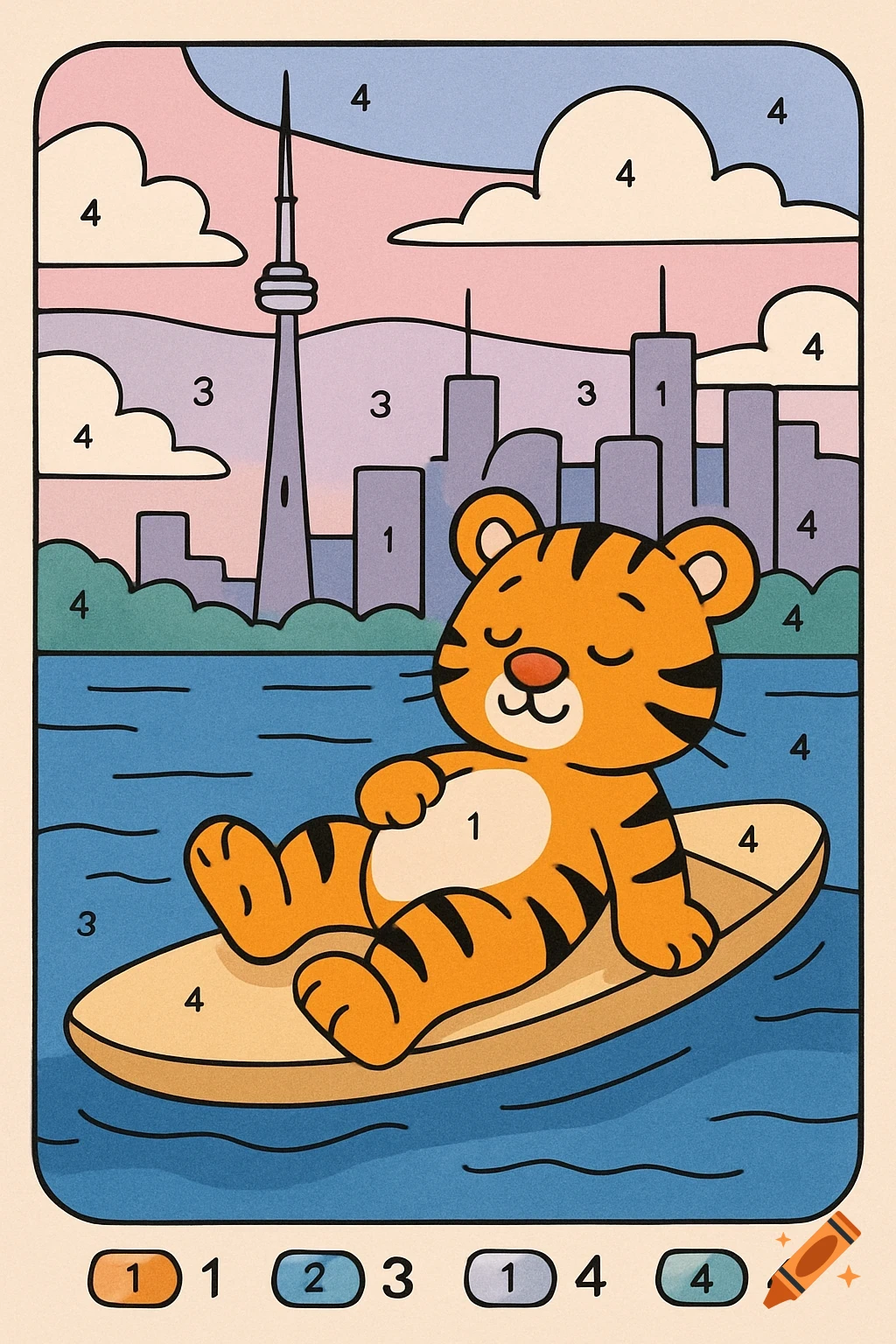 A cute cartoon tiger floats on a paddleboard in a lake, with the Toronto skyline in the background, in a color-by-number illustration style.
