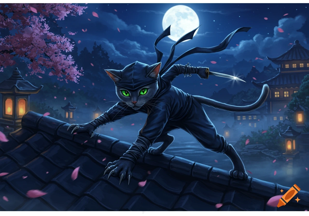A grey cat dressed as a ninja crouches on a tiled rooftop at night, holding a dagger, with a full moon and Japanese architecture in the background.