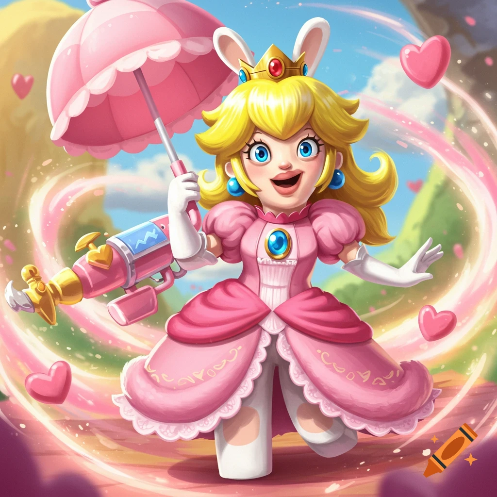 Cartoon Princess Peach with rabbit ears, holding a pink umbrella and a water gun, surrounded by hearts and swirls.