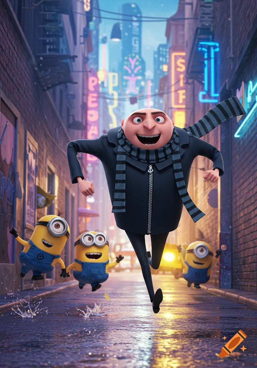Gru happily runs down a wet, neon-lit city street with several Minions splashing in puddles behind him.