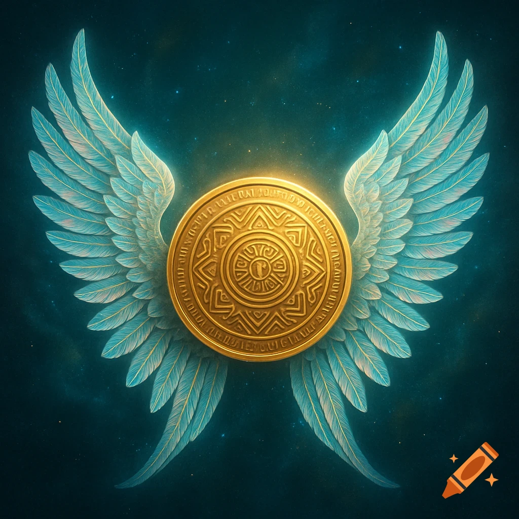 A golden coin with intricate patterns and glowing light, flanked by large, light blue feathered wings, set against a dark blue, starry cosmic background.