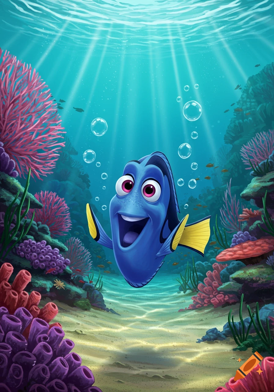 A cheerful blue tang fish, Dory, swims happily in a vibrant coral reef, with sunlight rays filtering through the clear blue ocean water.