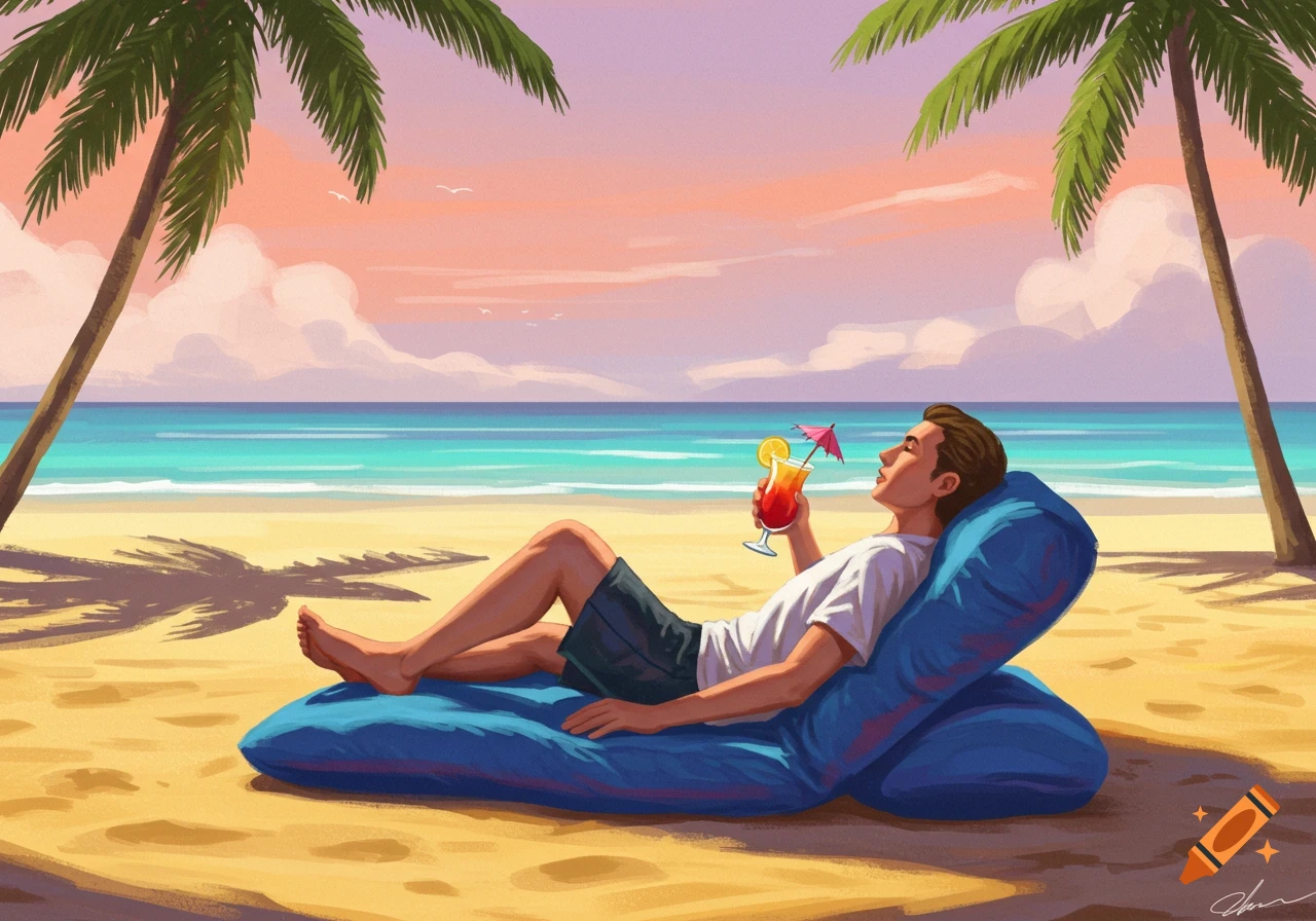 A man reclines on a blue bean bag on a sandy beach, enjoying a drink under palm trees at sunset. Digital illustration.