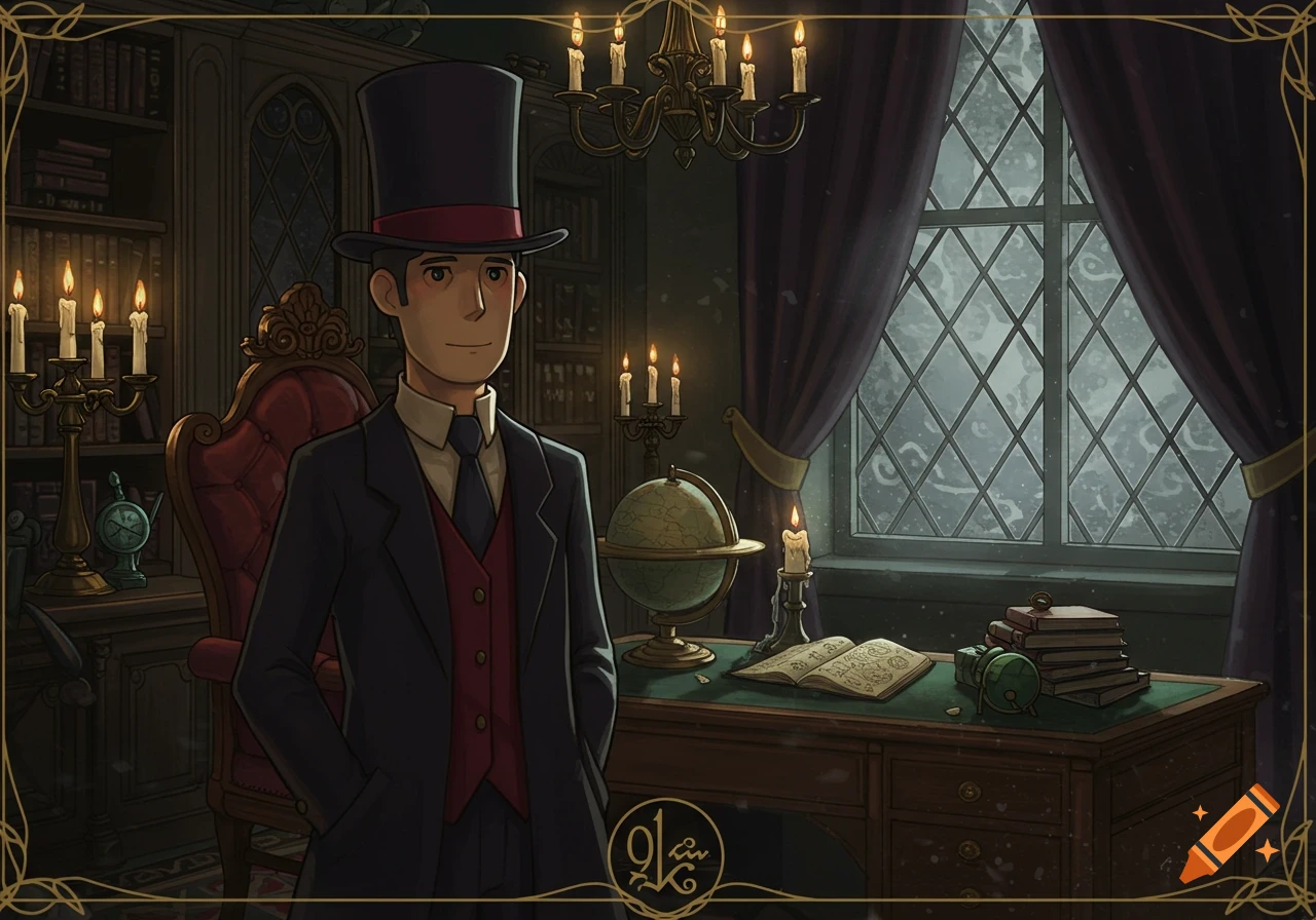 A cartoon man in a top hat and suit stands in a gothic-style study with a desk, books, and a window looking out onto a snowy night.