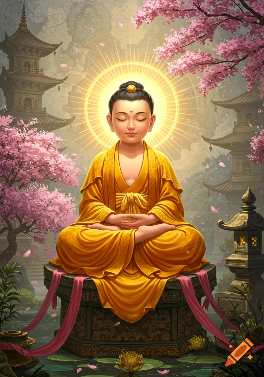 A serene, golden-robed Buddha-like figure meditates under a halo in a vibrant garden with pink cherry blossoms and pagodas.