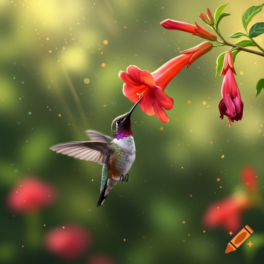 A vibrant hummingbird hovers, drinking nectar from a red trumpet flower against a sunlit, soft green background.