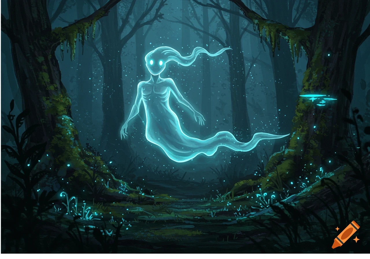 A luminous, ethereal spirit with glowing eyes floats in a dark, mysterious forest lit by bioluminescent plants.