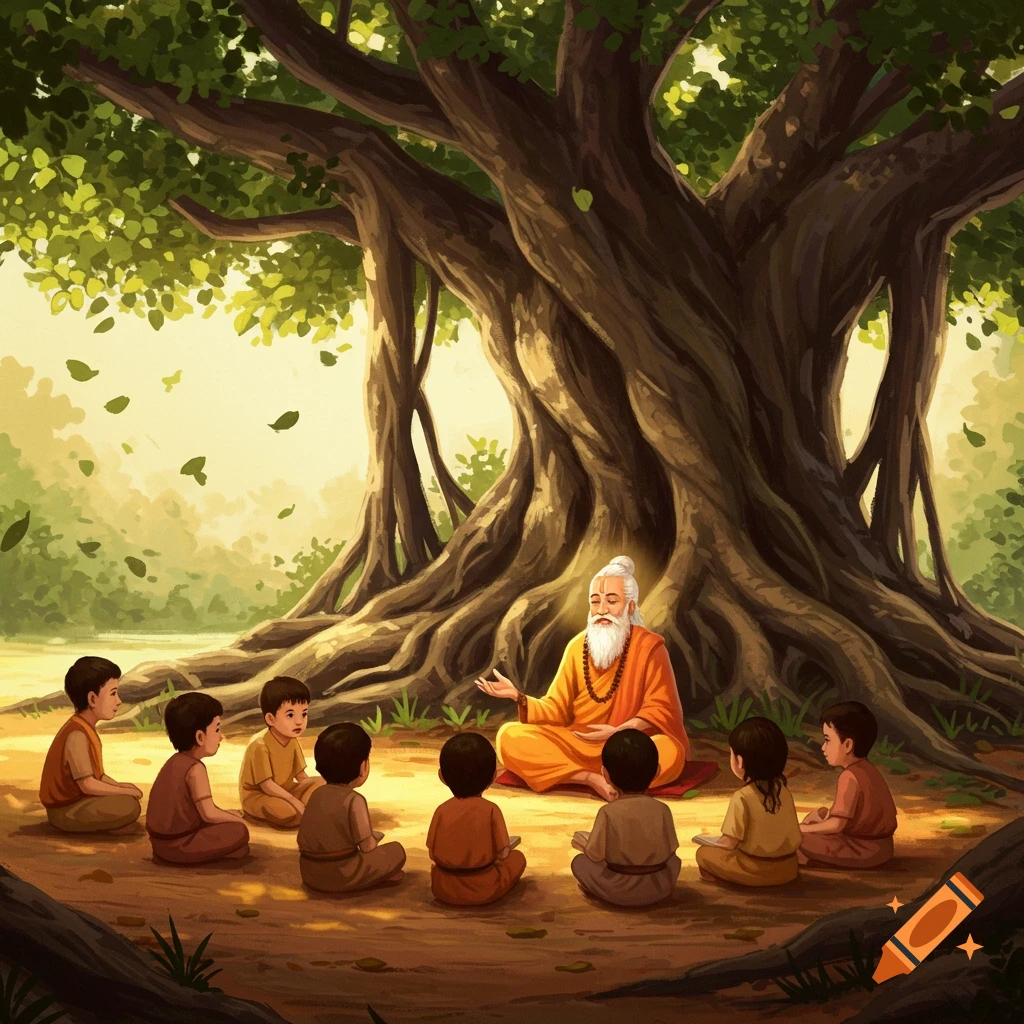 A bearded sage in orange robes teaches children seated under a large, ancient tree.