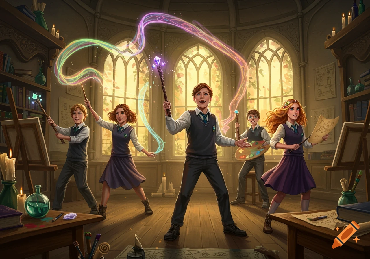 Young students in a magical art studio practice spells, creating colorful light trails with wands and holding art supplies.