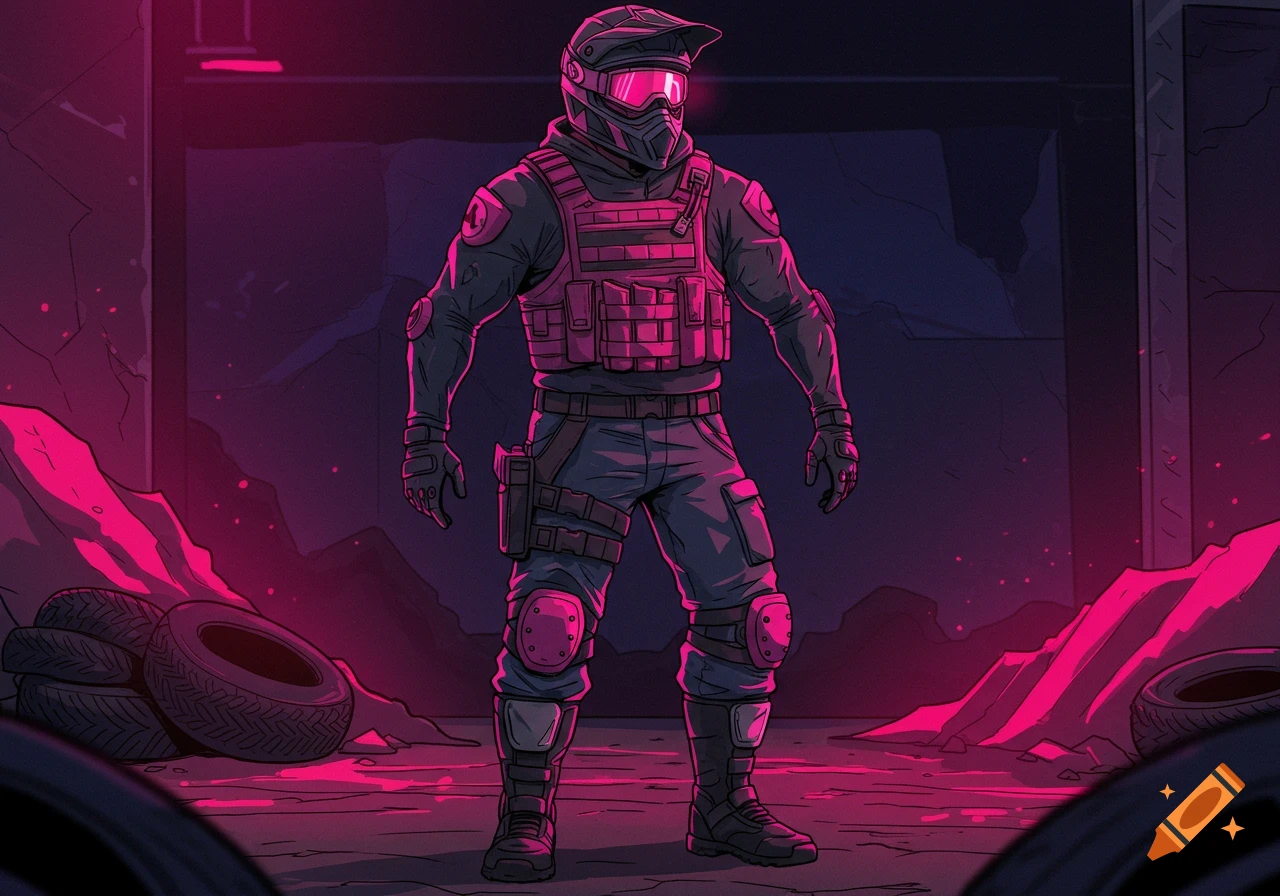 A 2D animated character in tactical gear and a pink-visored motocross helmet stands in a neon pink and black environment with tires.