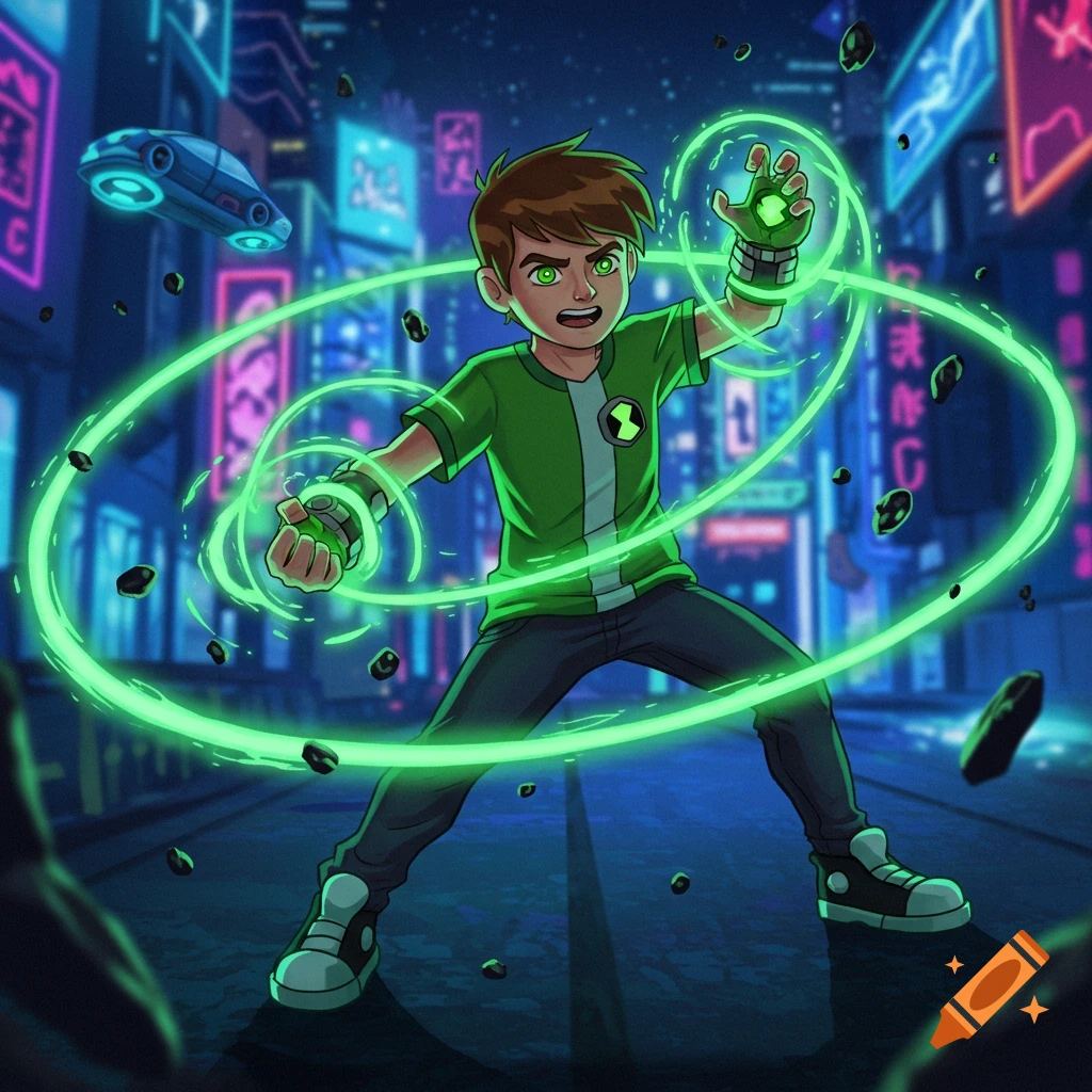 Cartoon boy, Ben 10, powers up with glowing green energy in a vibrant, futuristic city at night.