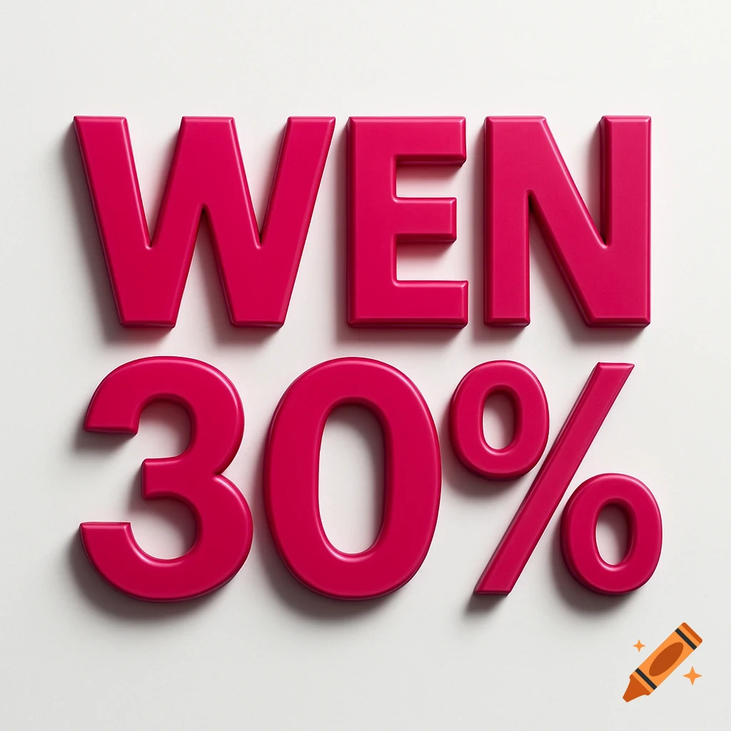 3D rendered pink letters 'WEN 30%' on a white background.