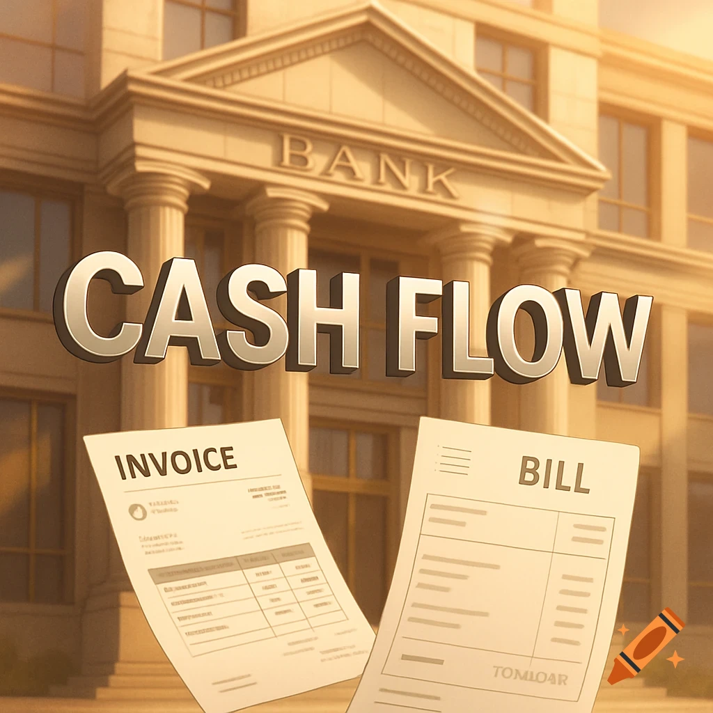 A stylized image with the words CASH FLOW in large 3D letters in front of a bank building. Two documents, labeled INVOICE and BILL, float below the text.