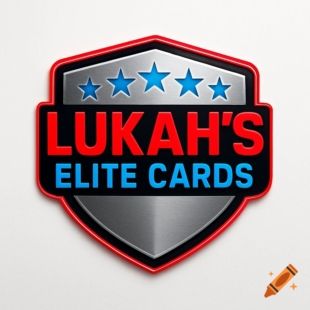 A bold, modern logo for Lukah's Elite Cards on a white background, featuring a red and black shield with metallic silver accents, five blue stars, and red and blue text.