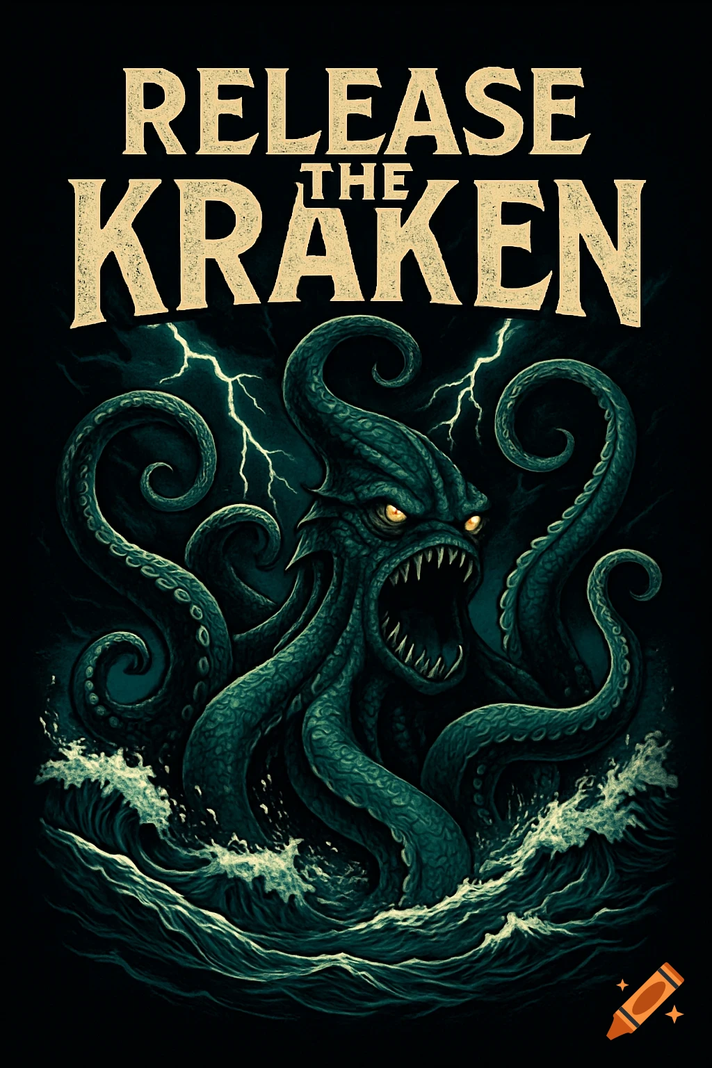 An angry Kraken with glowing eyes emerges from stormy dark seas, with lightning and the text 'RELEASE THE KRAKEN'.