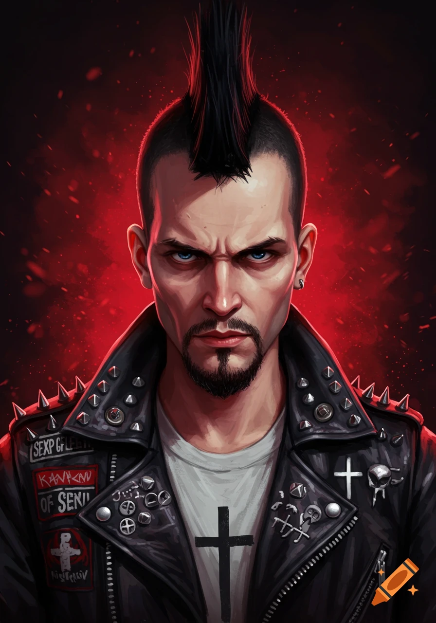 Digital art portrait of an angry punk man with a mohawk, goatee, and studded leather jacket with patches and a cross.