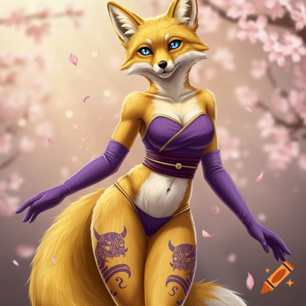 Anthropomorphic vixen with yellow fur, blue eyes, purple top and gloves, and purple tattoos, standing among pink cherry blossoms.