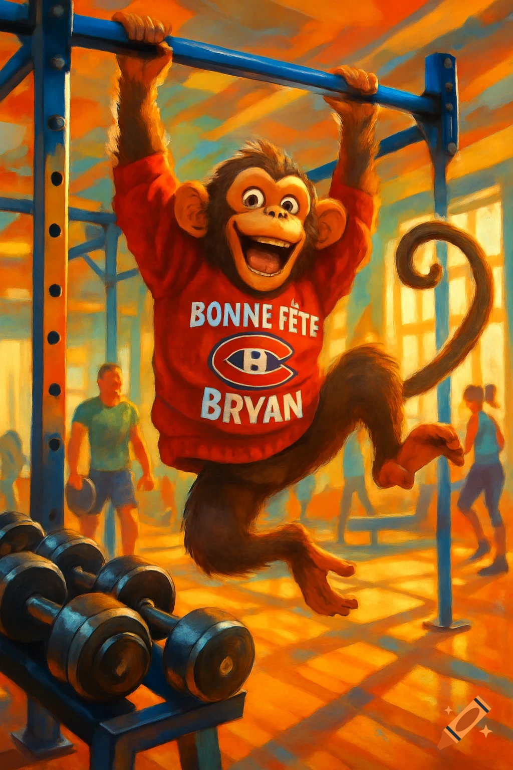 A happy cartoon monkey in a red "Bonne F Rete Bryan" shirt swings on a blue pull-up bar in a gym with people and weights. Painted style.