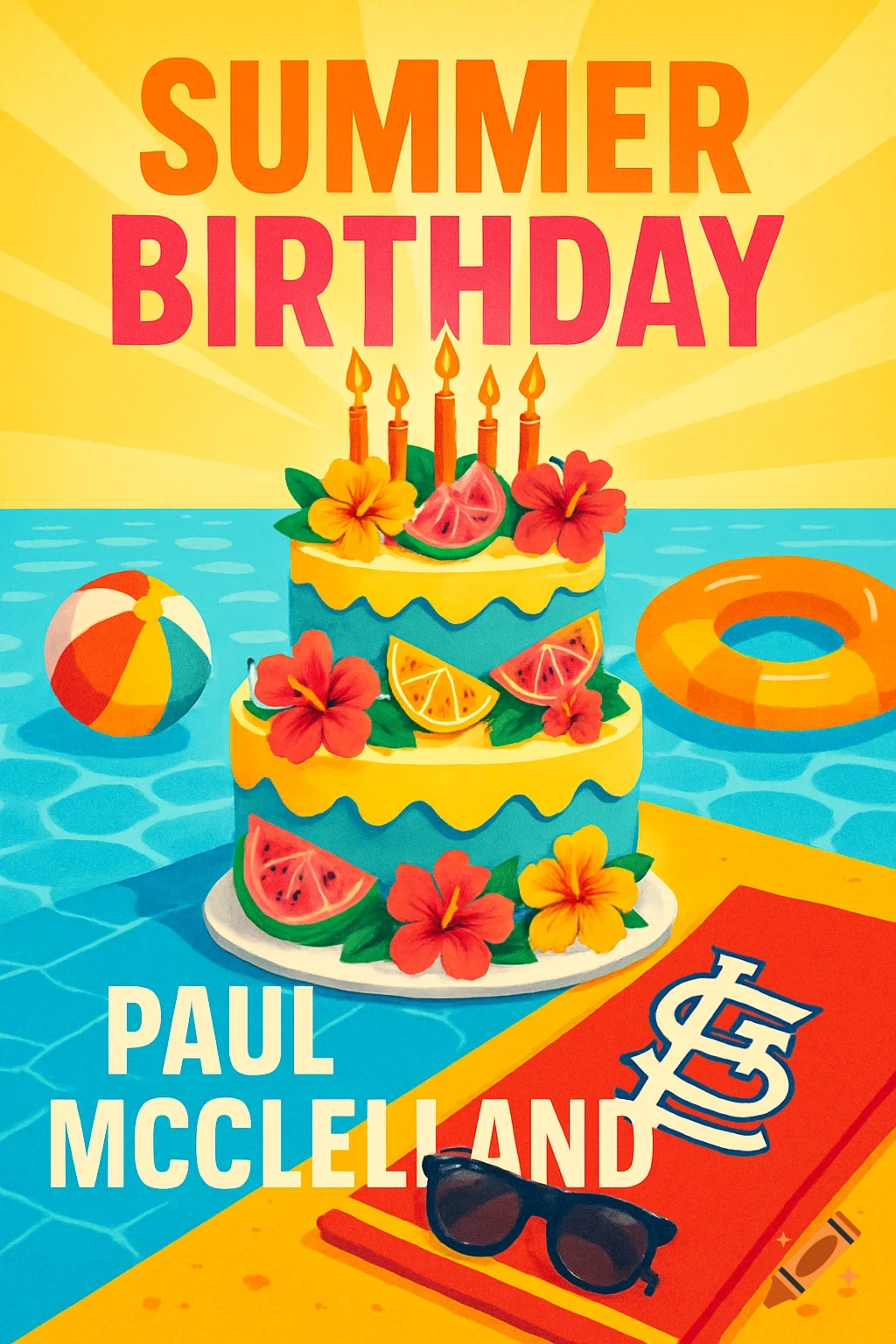 A vibrant summer-themed illustration with a birthday cake, pool, beach ball, sunglasses, and St. Louis Cardinals logo. Text reads "SUMMER BIRTHDAY" and "PAUL MCCLELLAND".