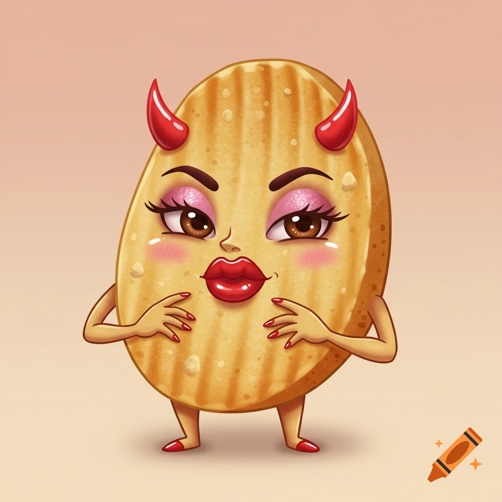 A cartoon potato chip character with red devil horns, pink eyeshadow, red lips, and red-nailed hands rubbing together.