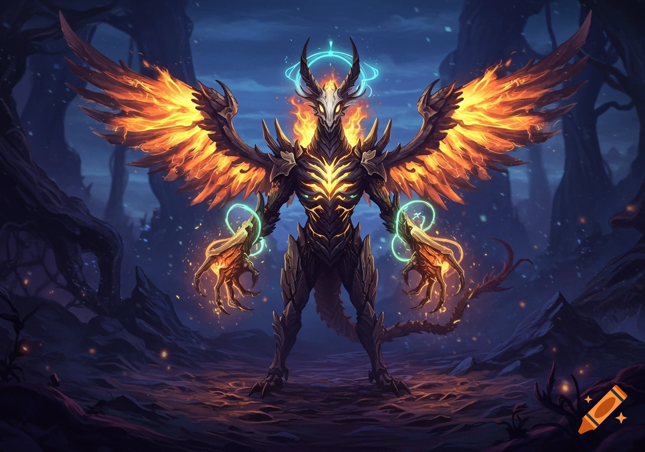 A powerful fantasy monster with fiery wings, a skull-like face, and glowing features stands in a dark, desolate landscape.