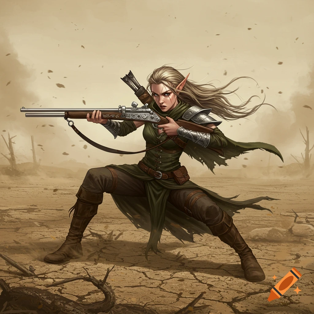 A determined blonde elf hunter in green and brown, holding a rifle, stands in a cracked wasteland. Digital fantasy art.