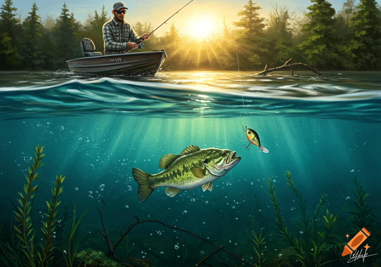 Split-level illustration showing a fisherman in a boat above water and a largemouth bass below, eyeing a fishing lure.