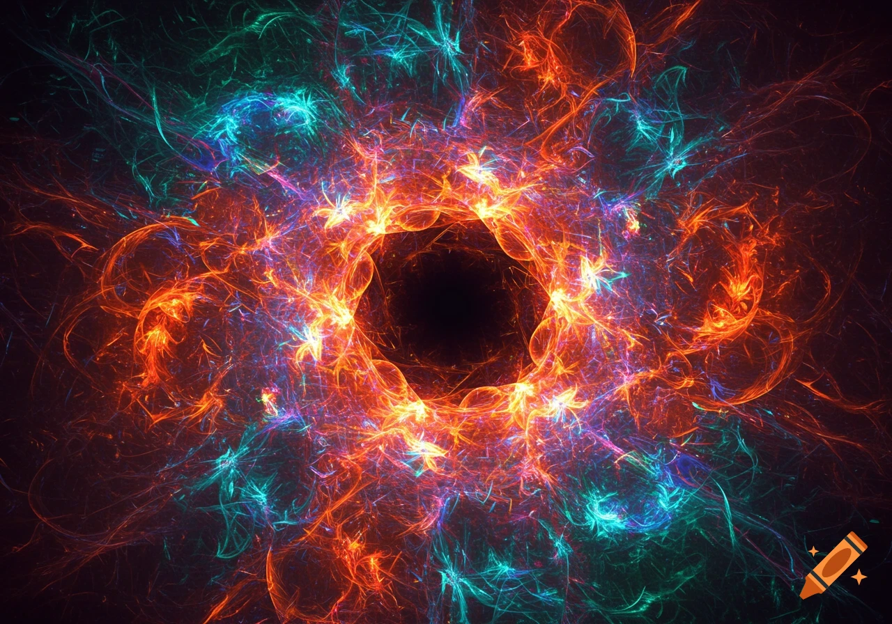 Vibrant abstract fractal with swirling orange, red, and blue lines around a dark center.