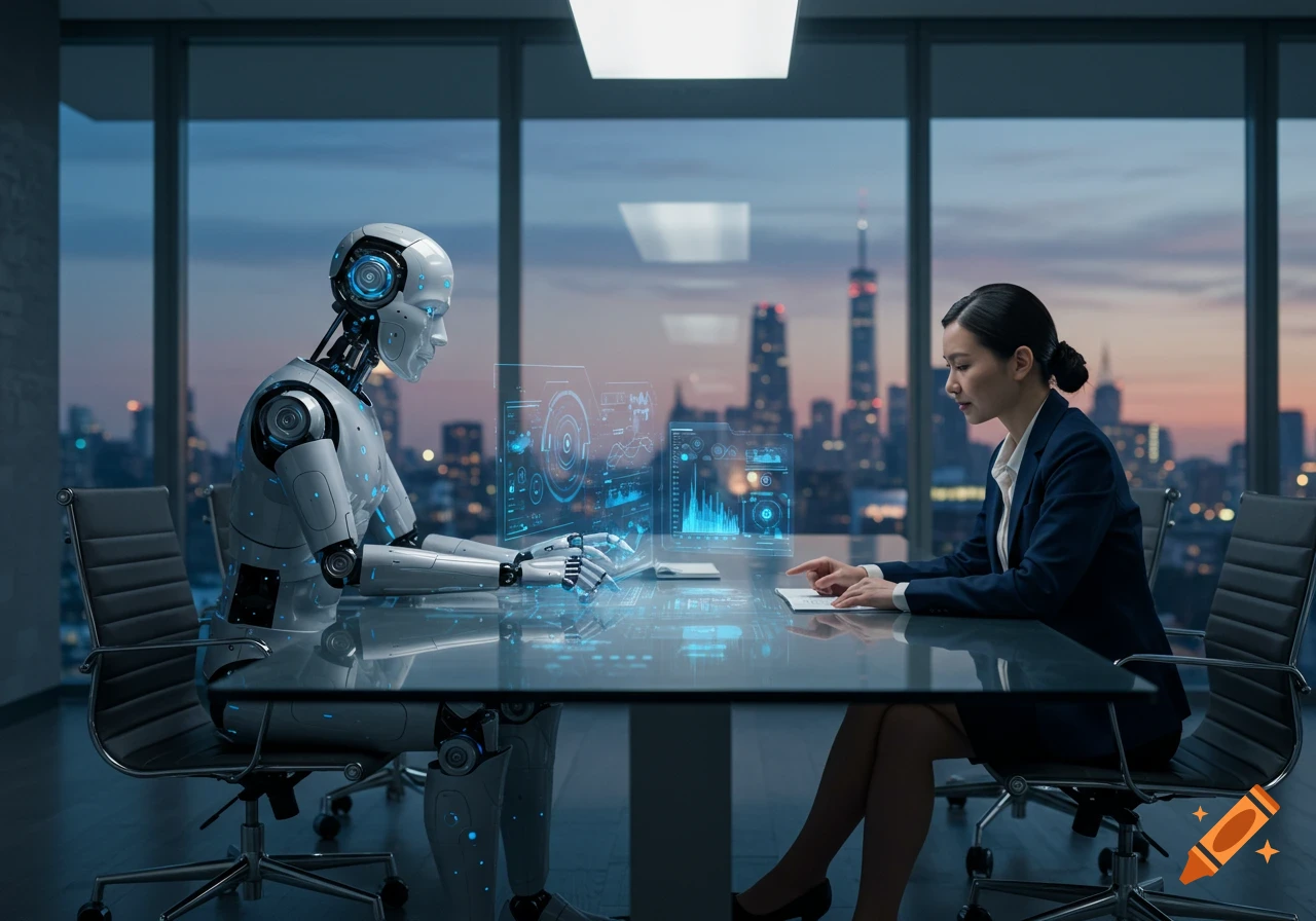 A humanoid robot and a woman in business attire interact with holographic displays at a glass table in a modern conference room overlooking a city at dusk.