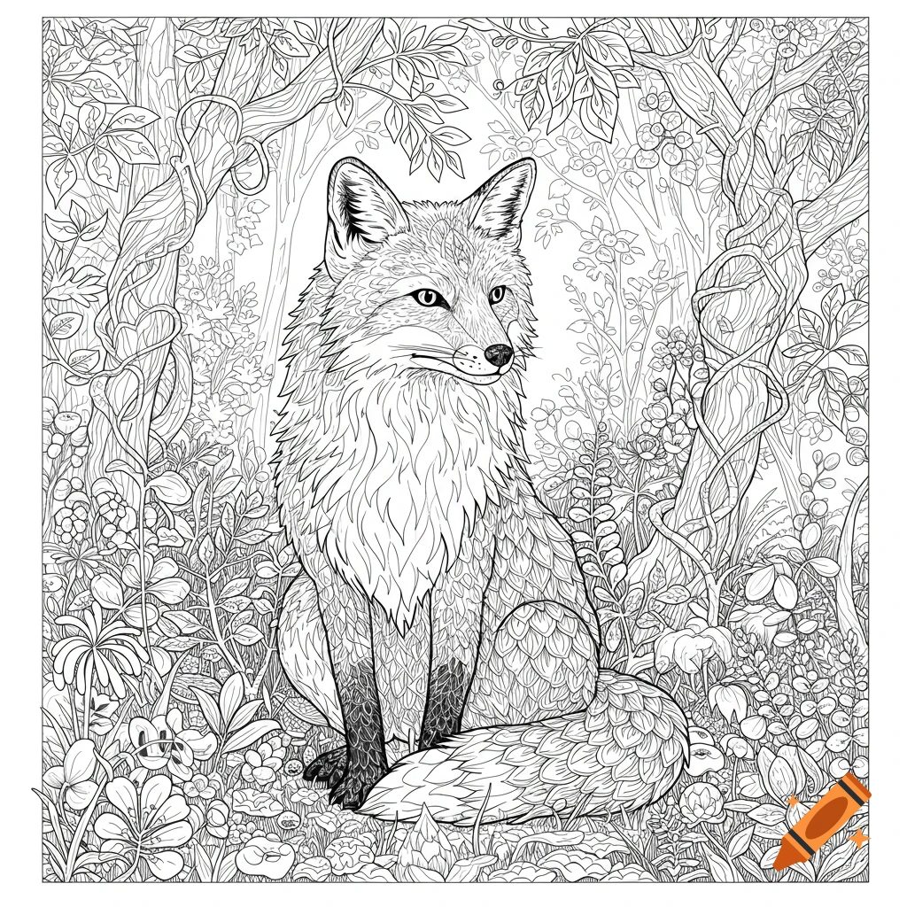Intricate black and white line art of a fox sitting in a dense forest, in a coloring book style.