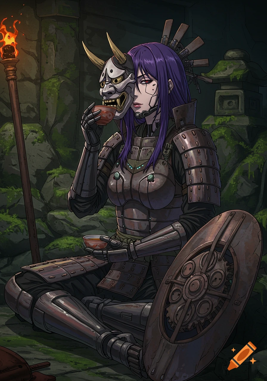 Purple-haired woman in cybernetic samurai armor drinks tea, holding an oni mask, in a mossy dungeon with a torch.
