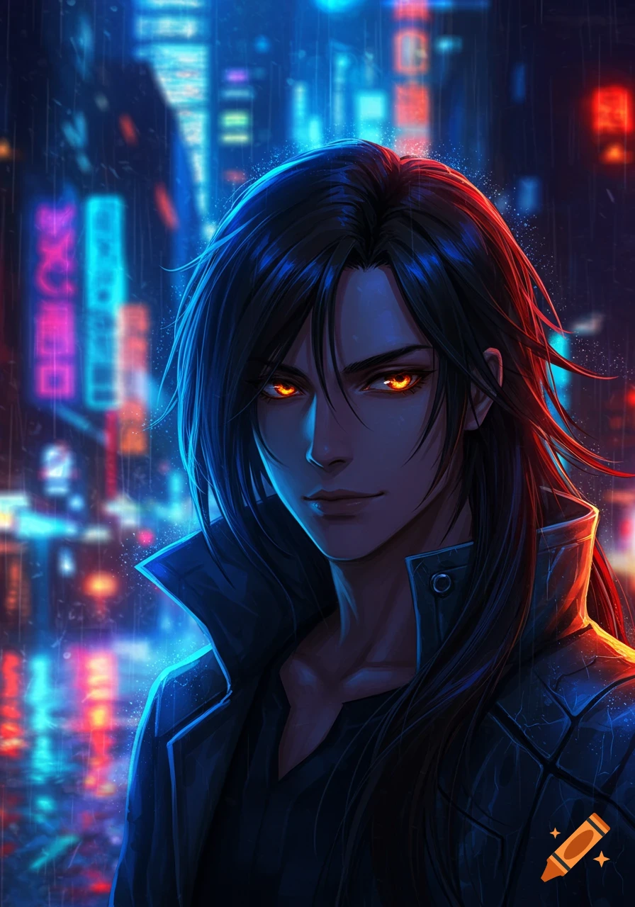 An anime male character with black hair and glowing orange eyes stands in a neon-lit cyberpunk city at night.